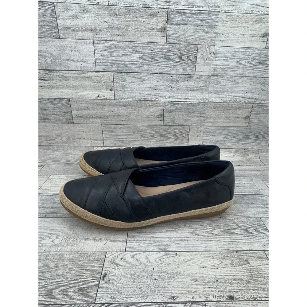 Clarks Collection Navy Blue Leather Espadrille Flats Ultimate Comfort Women Sz 9